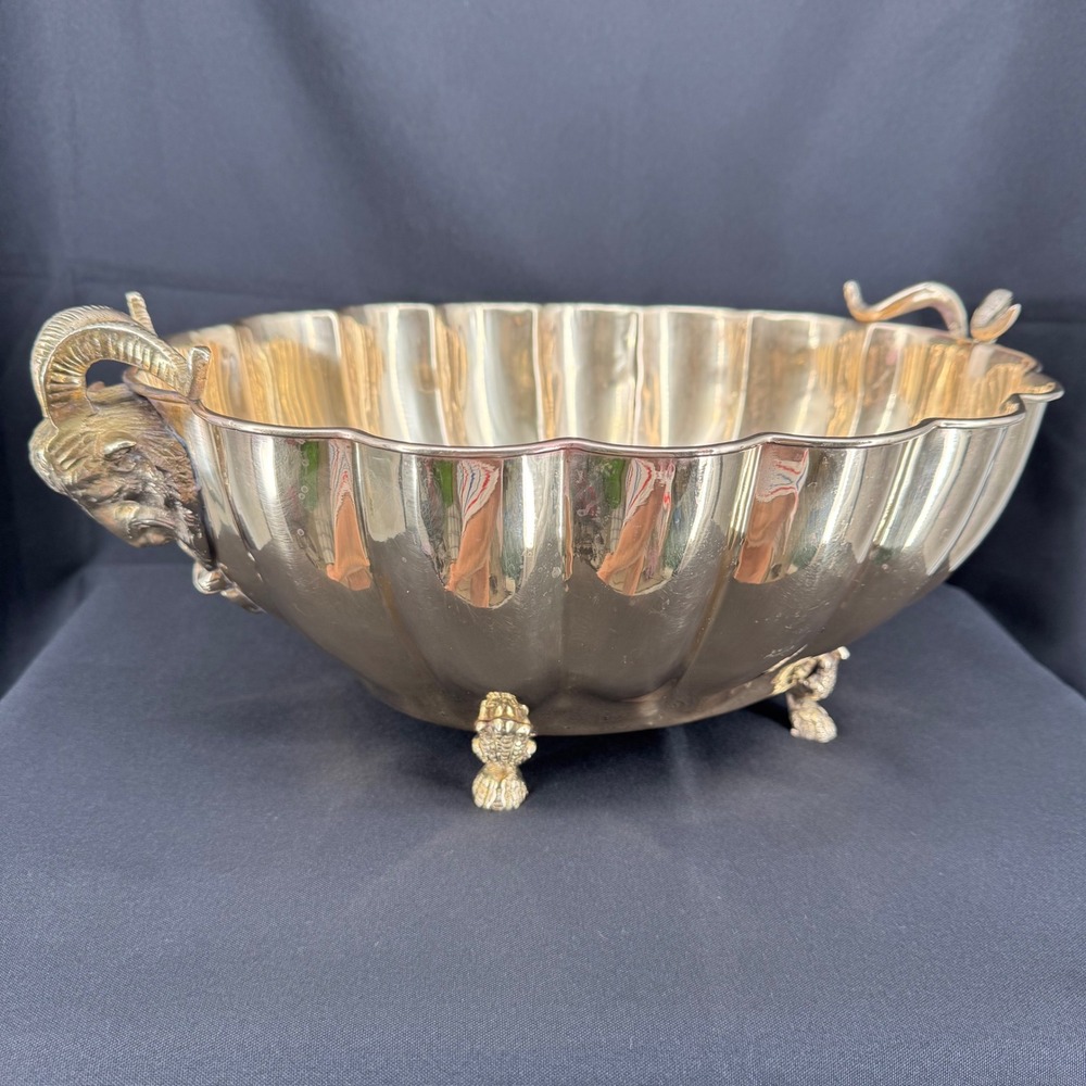 Vtg Brass Jardiniere Ram's Head Handles Claw Footed‎ Decorative Bowl Centerpiece